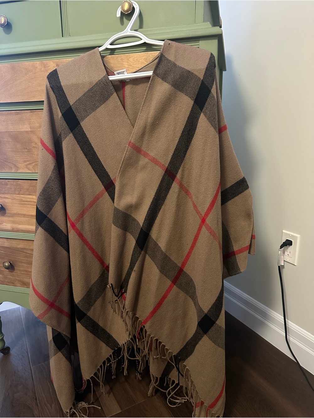 Classic Plaid Fringe Poncho - Beige and Black